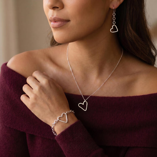 Handcrafted Hammered Argentium Silver Heart Jewelry Set, Hypoallergenic Tarnish Resistant Gifts