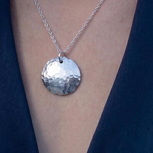 Hammered Argentium Silver Disc Necklace, Minimalist Layering Jewelry, Tarnish Resistant, Eco Friendly
