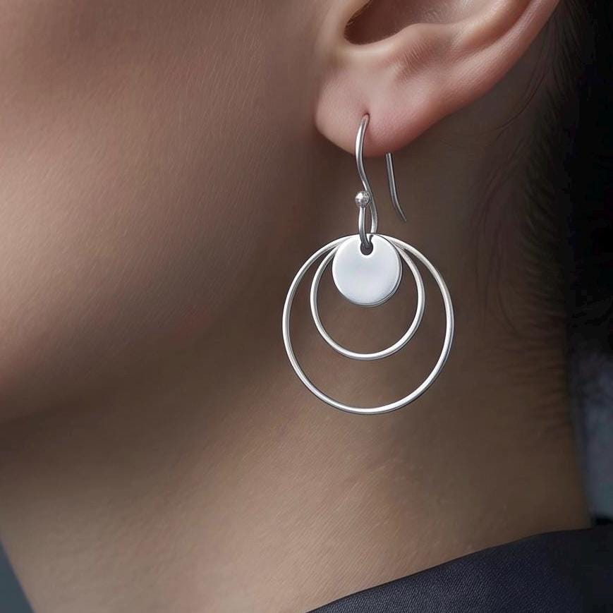 Handcrafted Argentium Silver Double Hoop Disc Earrings, Artisan Geometric Dangle Jewelry