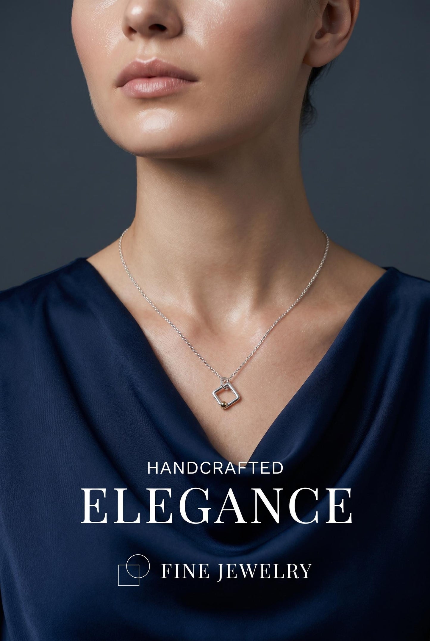 Handcrafted Argentium Silver Square Charm Necklace with Gold Ball Accent