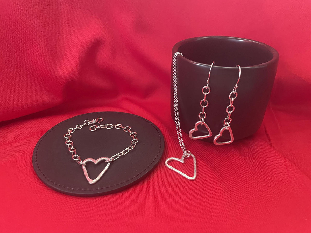 Handcrafted Hammered Argentium Silver Heart Jewelry Set, Hypoallergenic Tarnish Resistant Gifts
