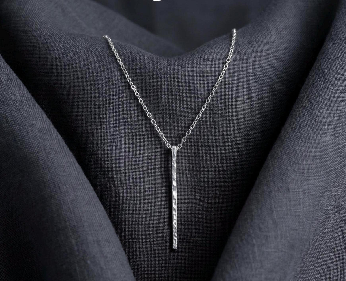 Handcrafted Argentium Silver Bar Necklace, Hammer Textured Minimalist Jewelry