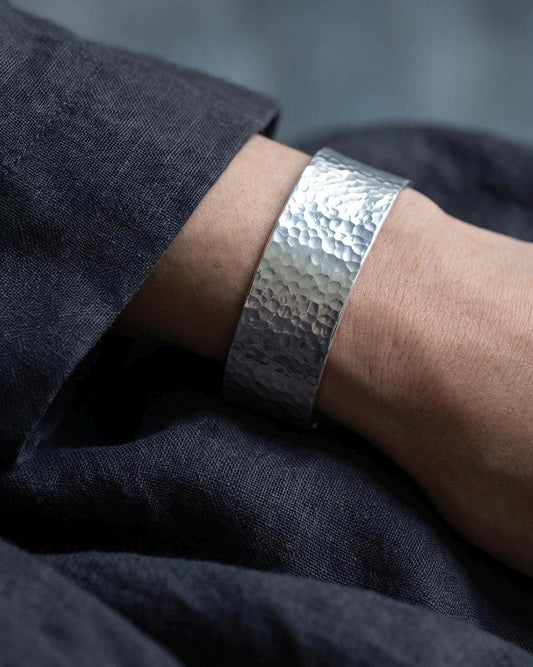 Handcrafted Hammered Solid Silver Cuff, Modern Heavy Argentium Silver Chunky Bracelet