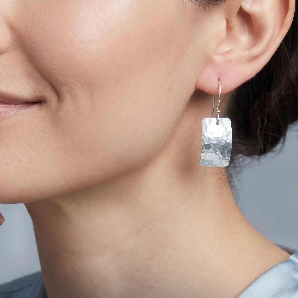 Hammered Argentium Silver Drop Earrings, Minimalist Hypoallergenic and Tarnish Resistant Jewelry Gift for Women