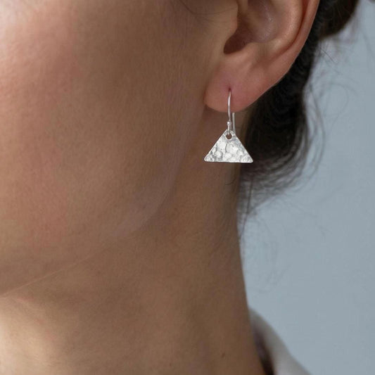 Hammered Argentium Silver Triangle Dangle Earrings, Minimalist Hypoallergenic Jewelry