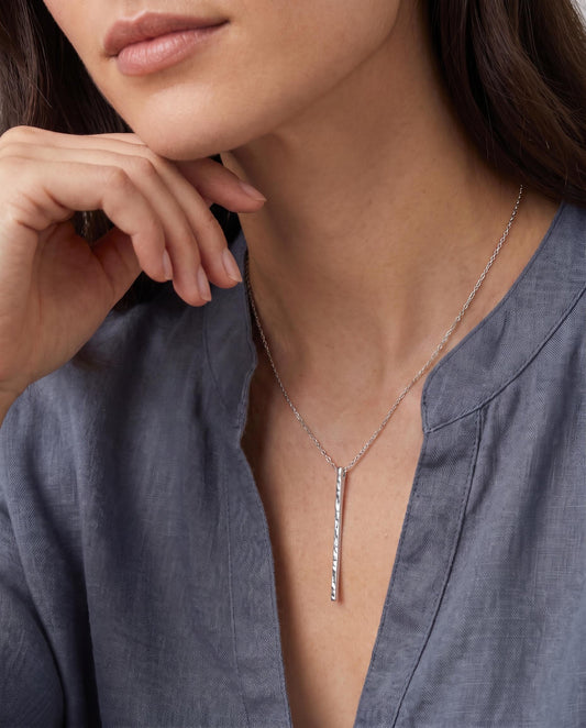 Handcrafted Argentium Silver Bar Necklace, Hammer Textured Minimalist Jewelry