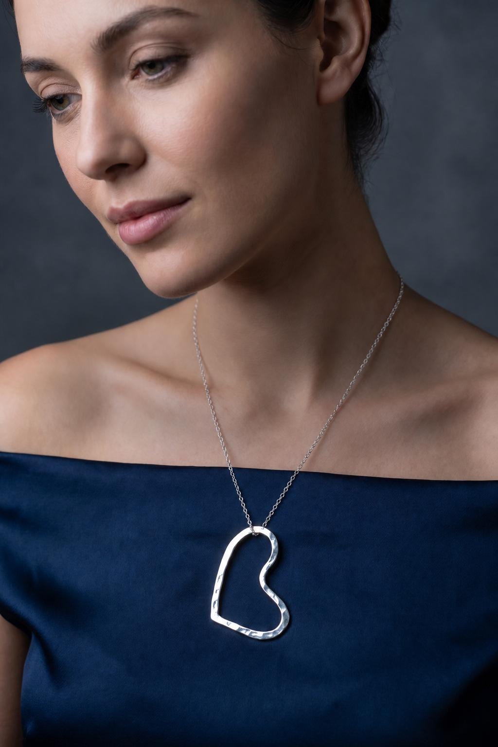 Argentium Silver Chunky Heart Necklace, Modern Tarnish Resistant Jewelry Gift for Women