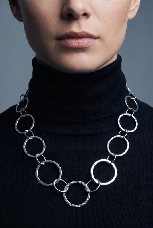 Hammered Argentium Silver Circle Chain, Heavy Statement Necklace for Men or Women