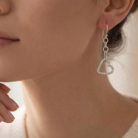 Handmade Hammered Argentium Silver Heart Earrings, Minimalist Everyday Jewelry
