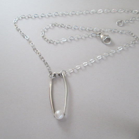 Handcrafted Argentium Silver Cultured Pearl Pendant Necklace, Modern Anniversary Gift