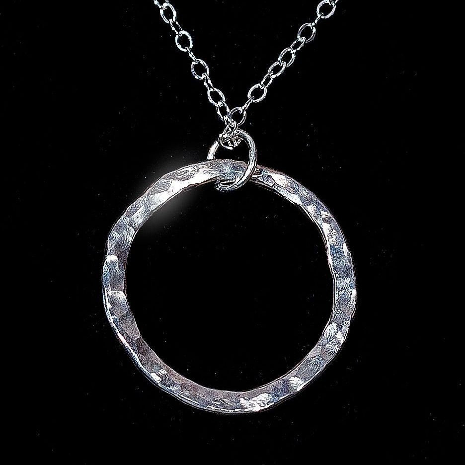 Hammered Argentium Silver Hoop Necklace, Minimalist Tarnish-Free Jewelry