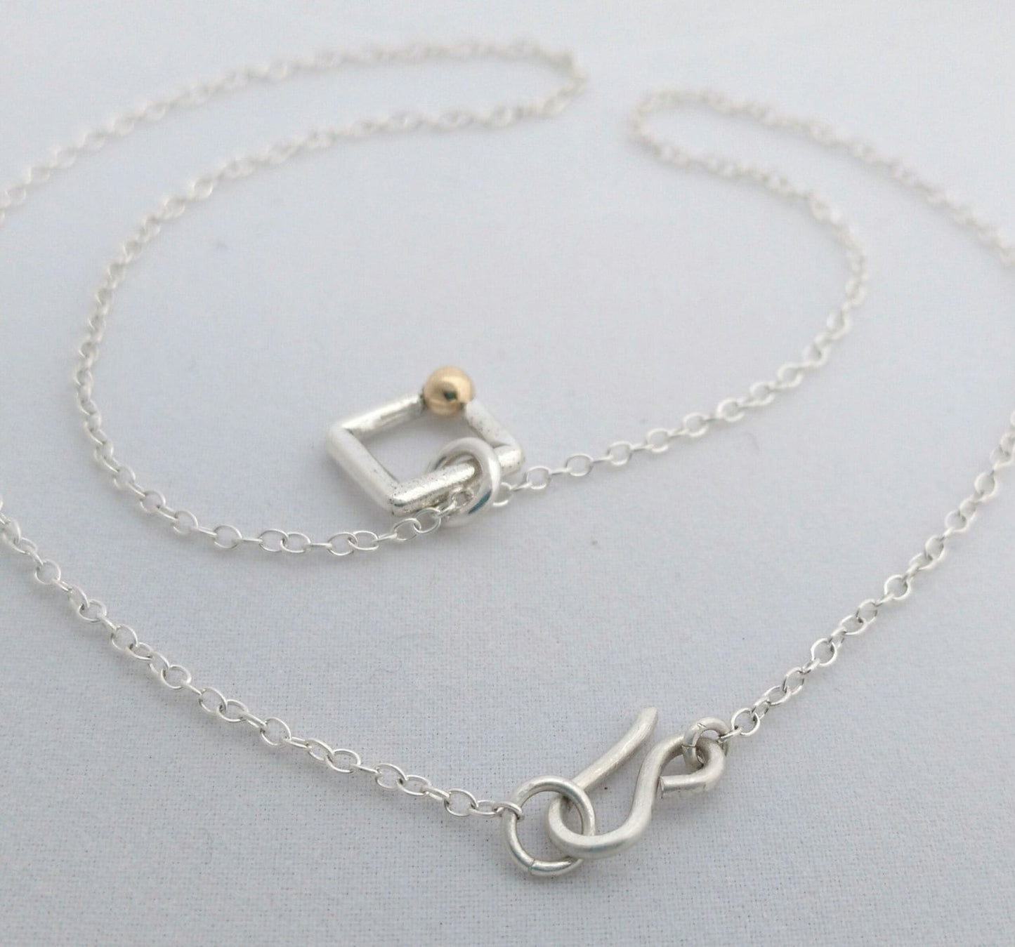Handcrafted Argentium Silver Square Charm Necklace with Gold Ball Accent