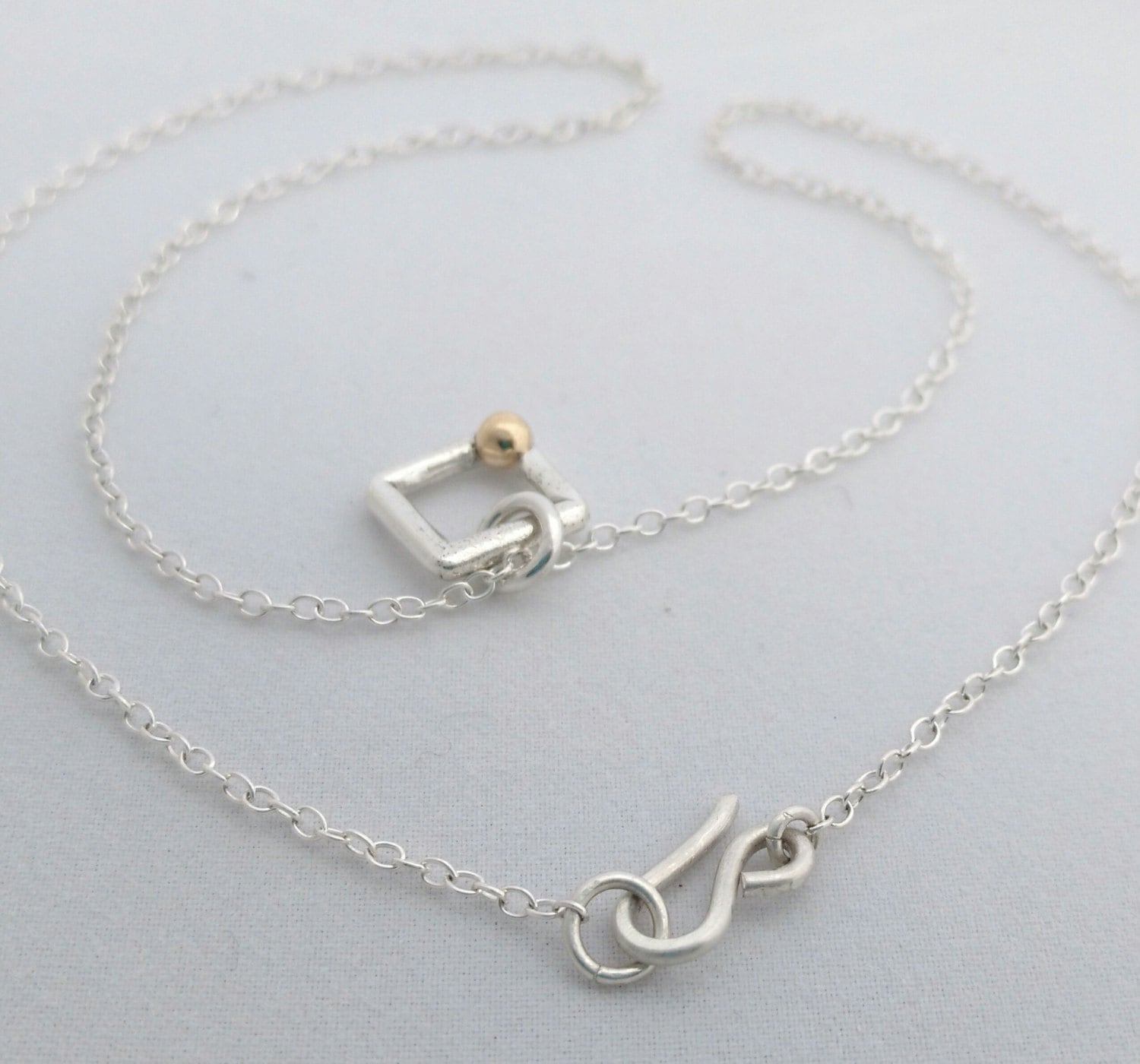 Handcrafted Argentium Silver Square Charm Necklace with Gold Ball Accent