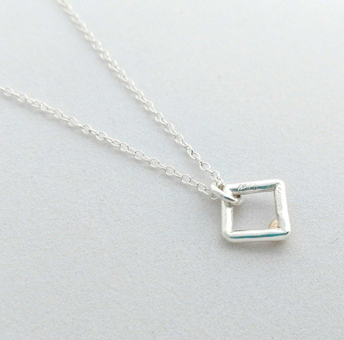 Handcrafted Argentium Silver Square Charm Necklace with Gold Ball Accent
