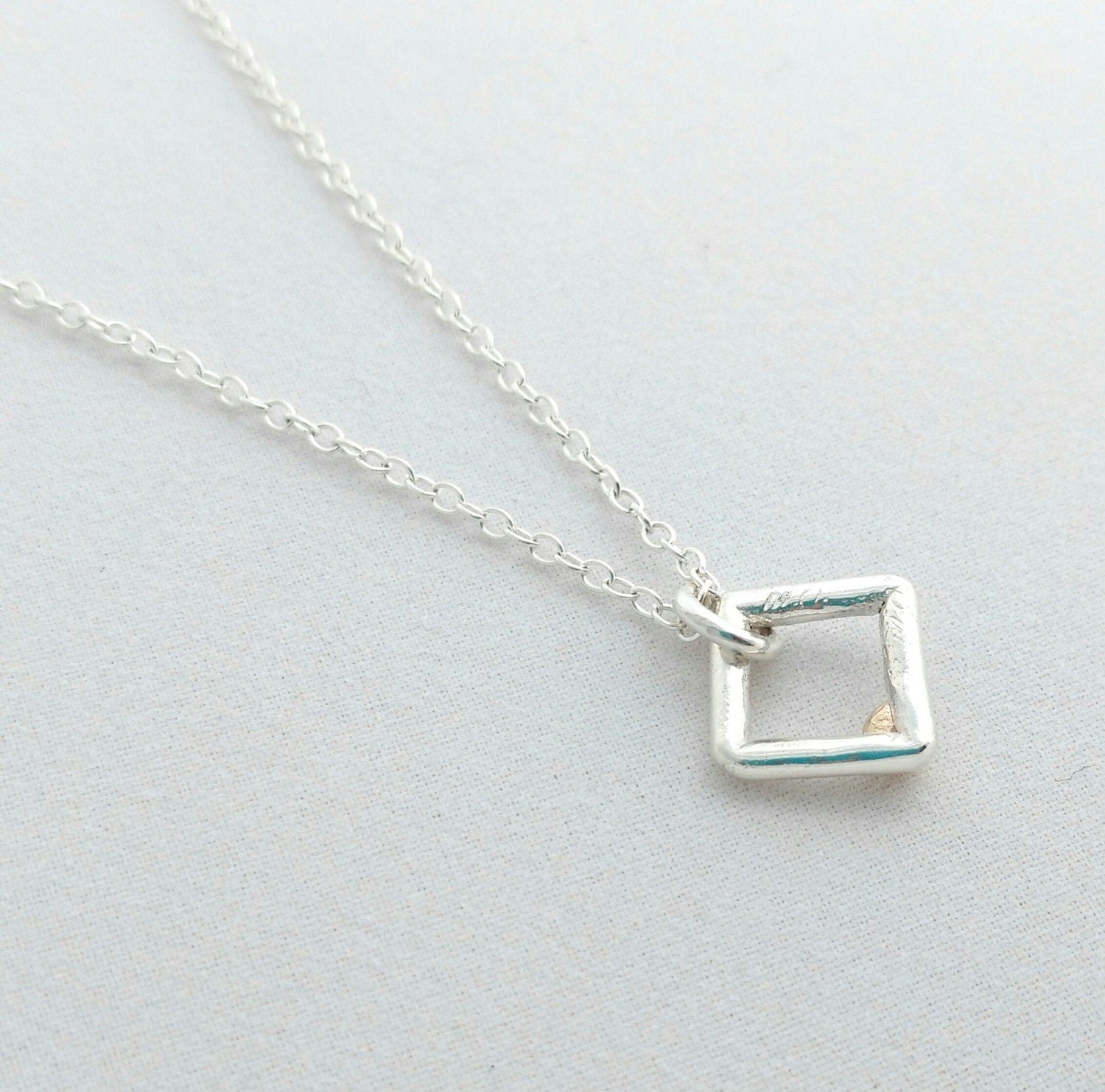 Handcrafted Argentium Silver Square Charm Necklace with Gold Ball Accent