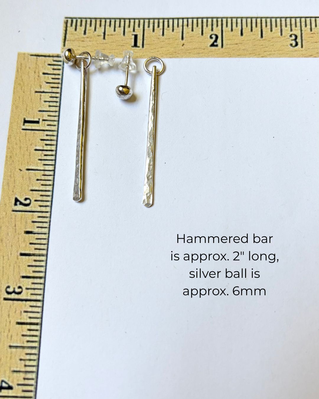 ARGENTIUM SILVER HAMMERED LONG BAR EAR JACKET EARRINGS WITH SOLID BALL POSTS