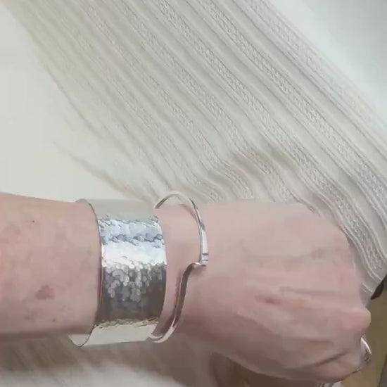 Handcrafted Hammered Solid Silver Cuff, Modern Heavy Argentium Silver Chunky Bracelet