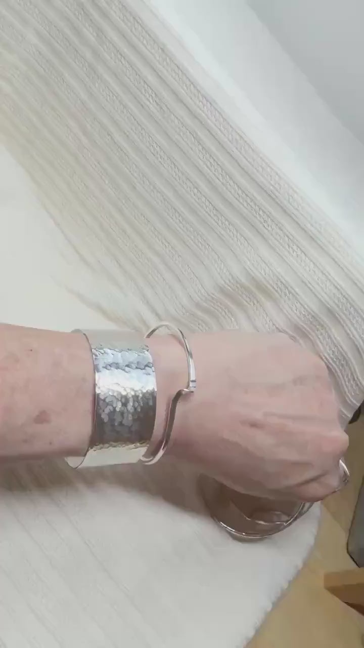 Handcrafted Hammered Solid Silver Cuff, Modern Heavy Argentium Silver Chunky Bracelet