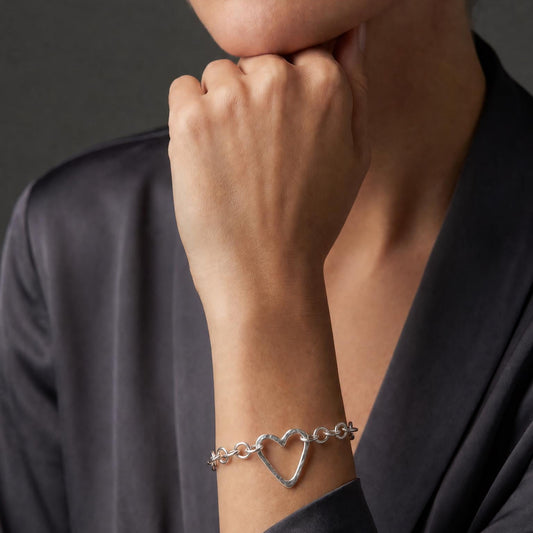 Handcrafted Tarnish Resistant and Hypoallergenic Silver Heart Bracelet, Hammered Texture, Argentium Silver Artisan Jewelry